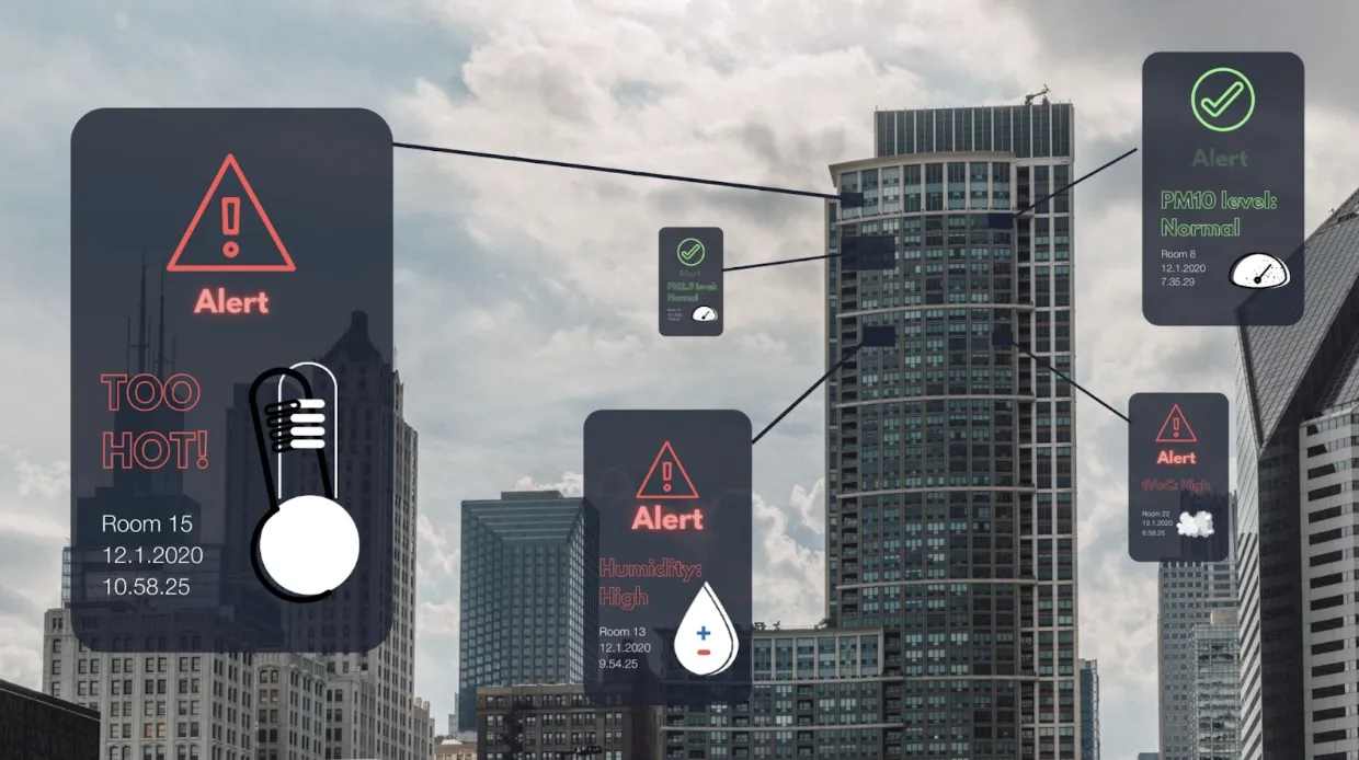 Urban skyline with IoT sensor alerts displayed against a cloudy sky, showcasing Sensgreen's integration of smart technology in buildings for real-time temperature, humidity, and air quality monitoring, highlighting the revolution in smart building management and IoT network security.
