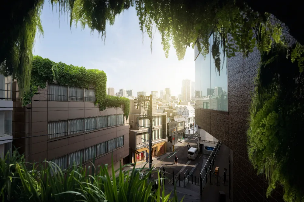 Eco-friendly green building surrounded by lush vegetation, showcasing sustainable architecture designed for energy efficiency and low environmental impact, embodying the principles of green standards and certification systems like LEED, WELL, and RESET for responsible and healthy living spaces.
