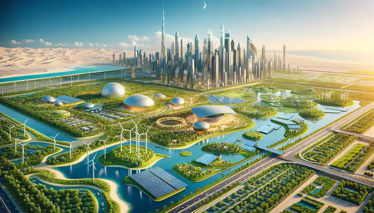 Futuristic Eco-City rendering with greenery and renewable energy for COP28 UAE event, showcasing sustainable urban development and smart technology solutions in Expo City Dubai, highlighting Sensgreen's commitment to climate action and the Paris Agreement goals.